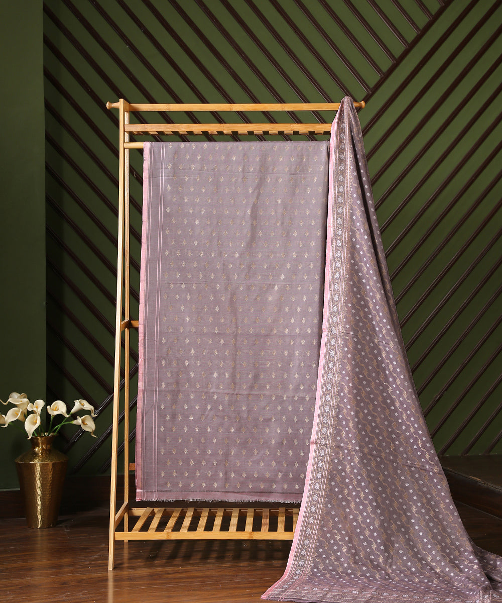 Lavender_Handloom_Banarasi_Suit_Set_In_Handspun_Cotton_Twisted_with_Katan_Silk_WeaverStory_01