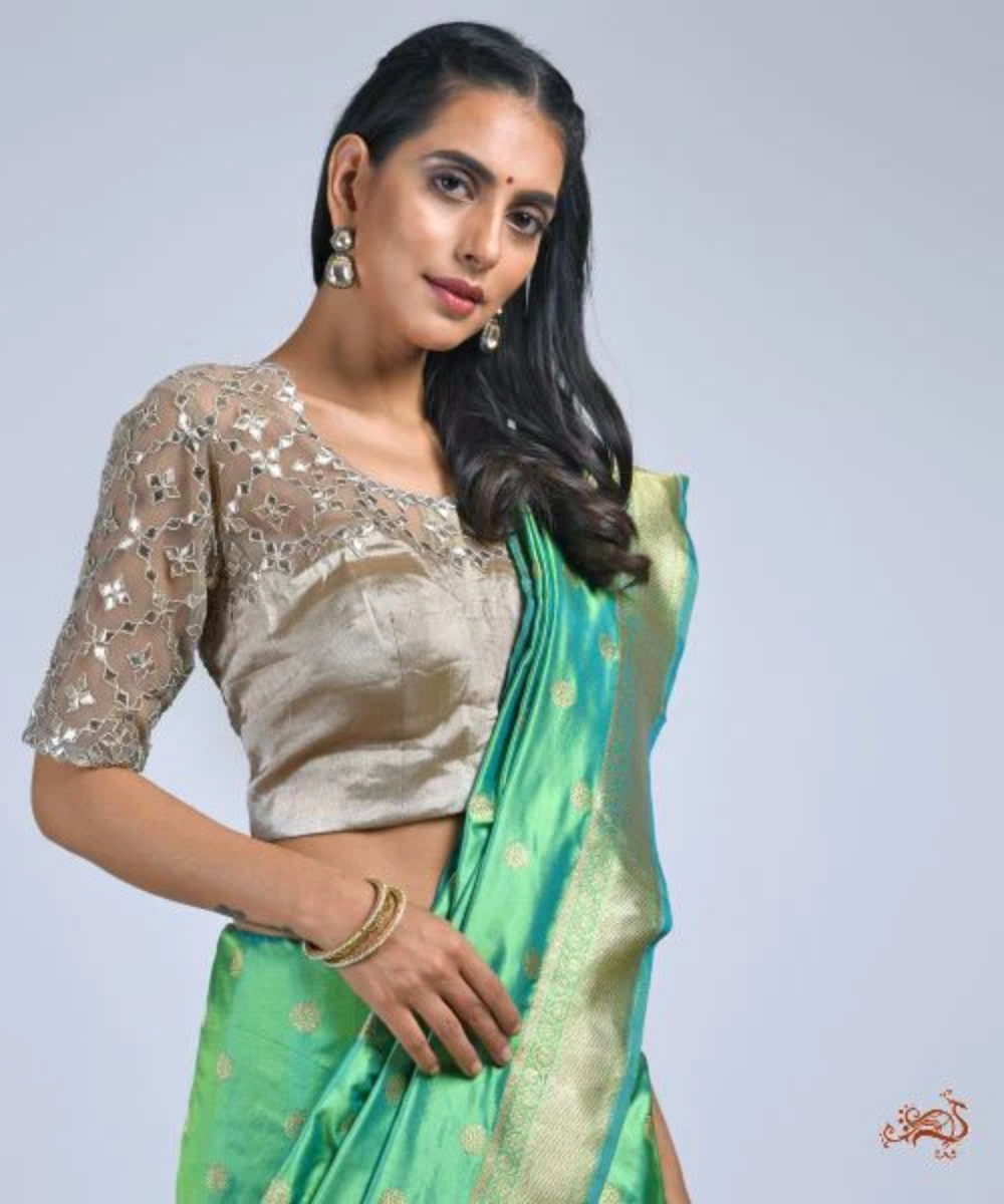 Pewter Color Banarasi Tissue Blouse with Gota Jaal