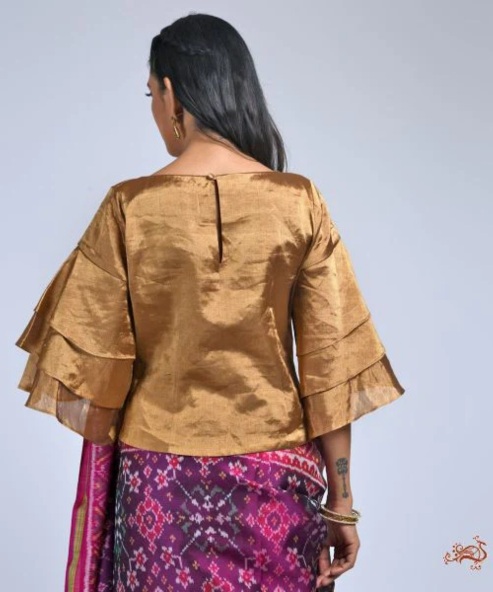 Antique Gold Banarasi Tissue Blouse with Flared Sleeves