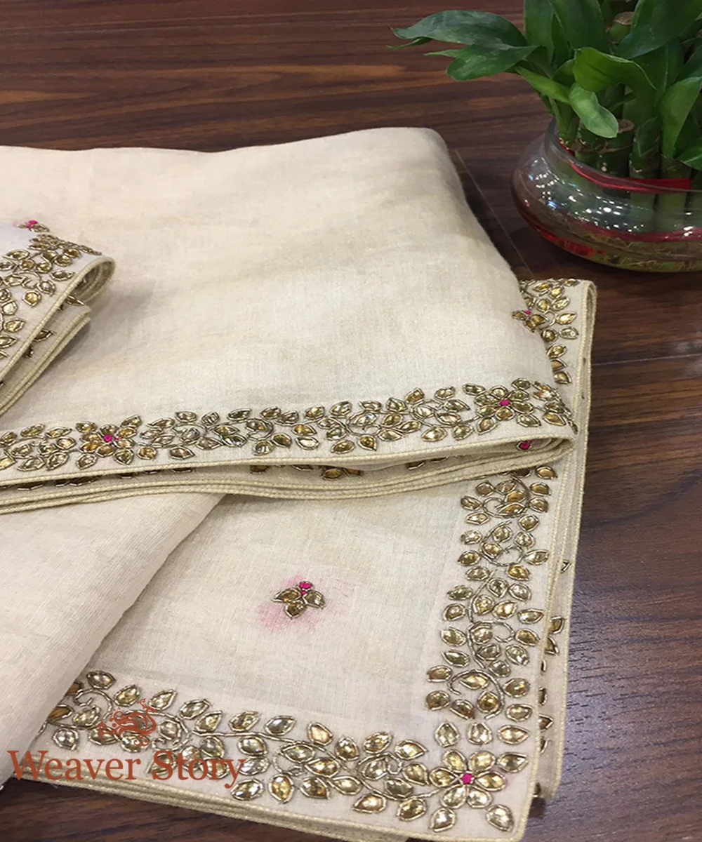Handloom Ivory Cotton Tissue Dupatta with Kundan and Zardozi Work
