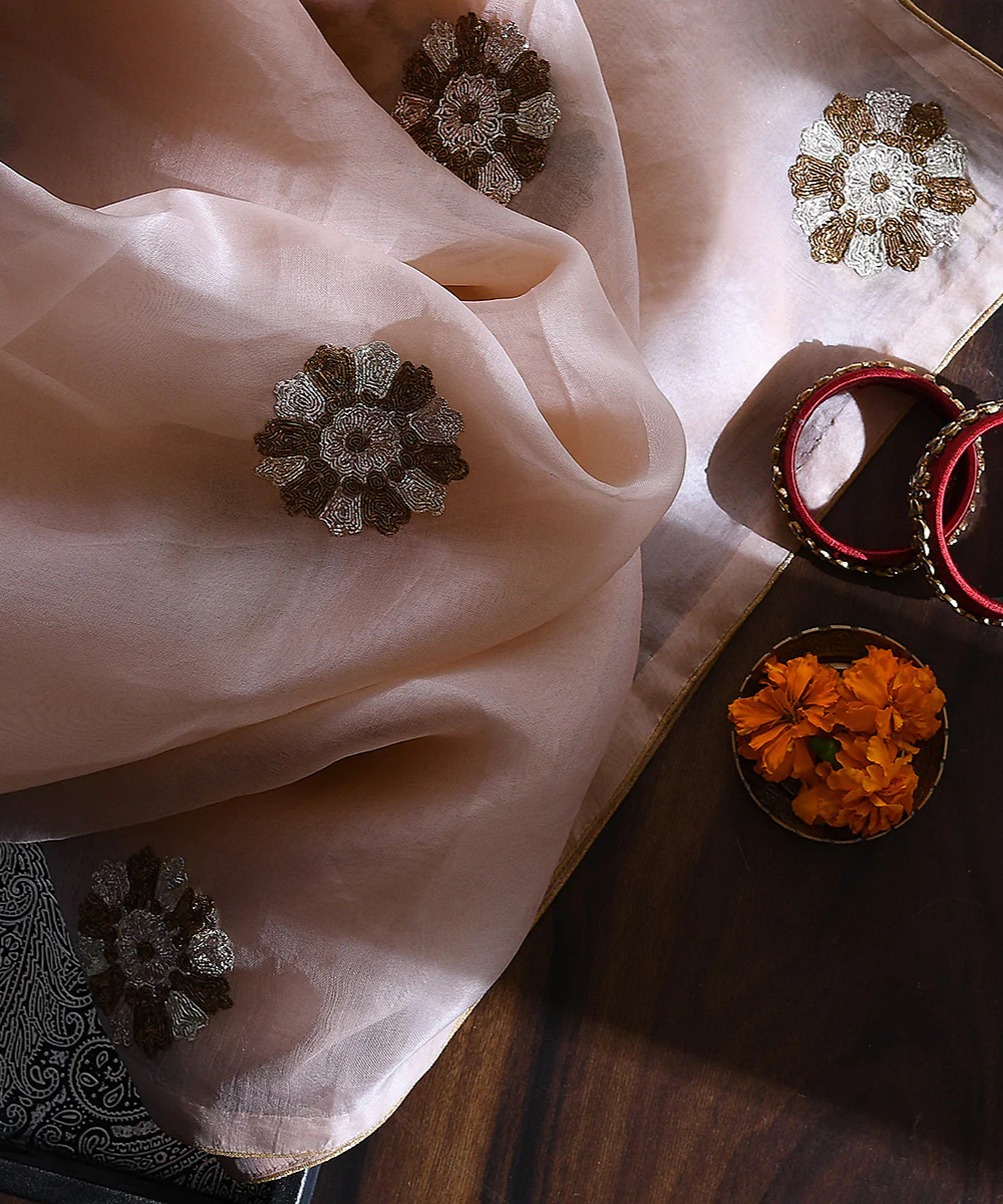 Handloom Peach Organza Dupatta with Zardozi Floral Hand Embroidery