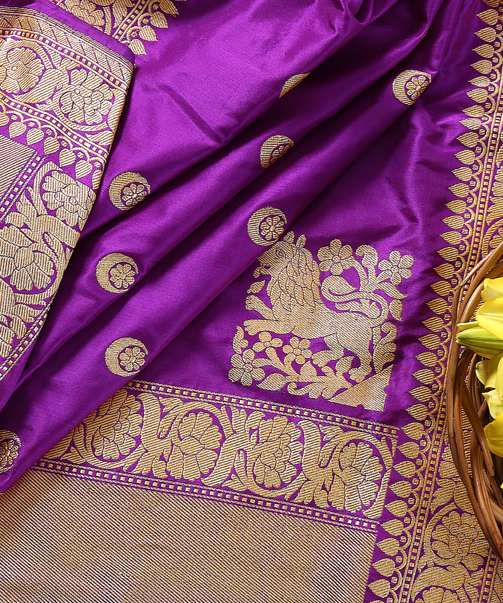 Handloom Purple Banarasi Katan Silk Dupatta with lion motifs on the pallu