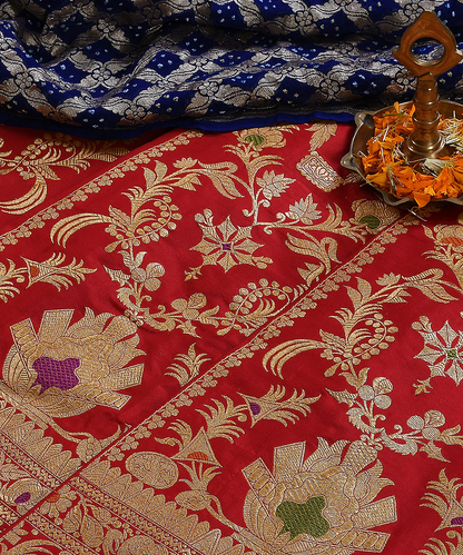 Red Handloom Silk Kadhwa Banarasi Lehenga with Meenakari