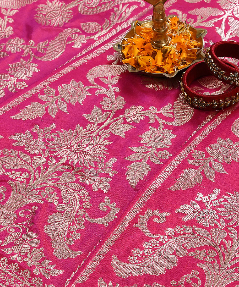 Rani Pink Handloom Katan Silk Banarasi Lehenga with Gold Zari