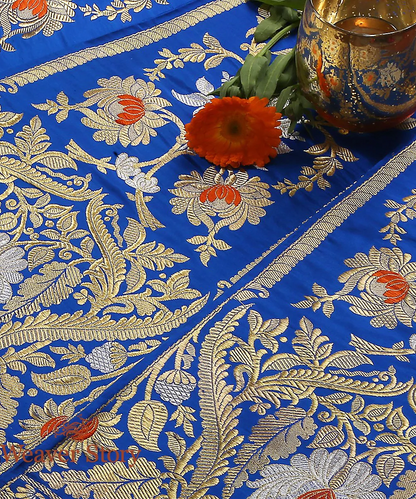 Royal Blue Handloom Kadhwa  Banarasi Lehenga with Meenakari and Yellow Blouse