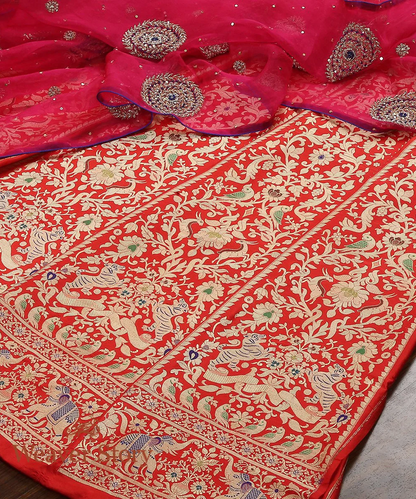 Red Handloom Katan Silk Banarasi Shikargah Lehenga