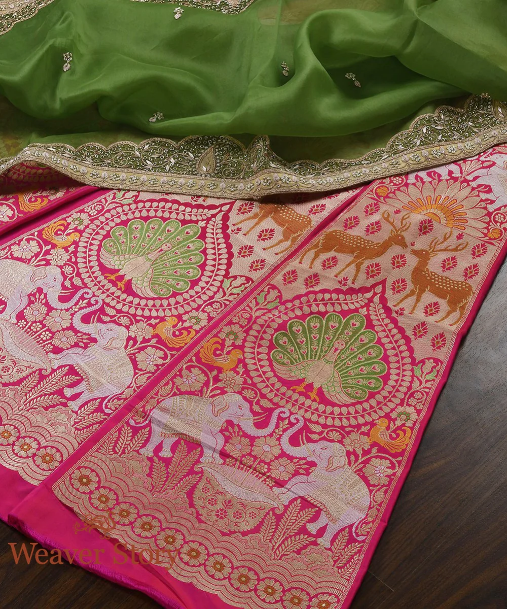 Pink Handloom Shikargah Katan Silk Cutwork Banarasi Lehenga