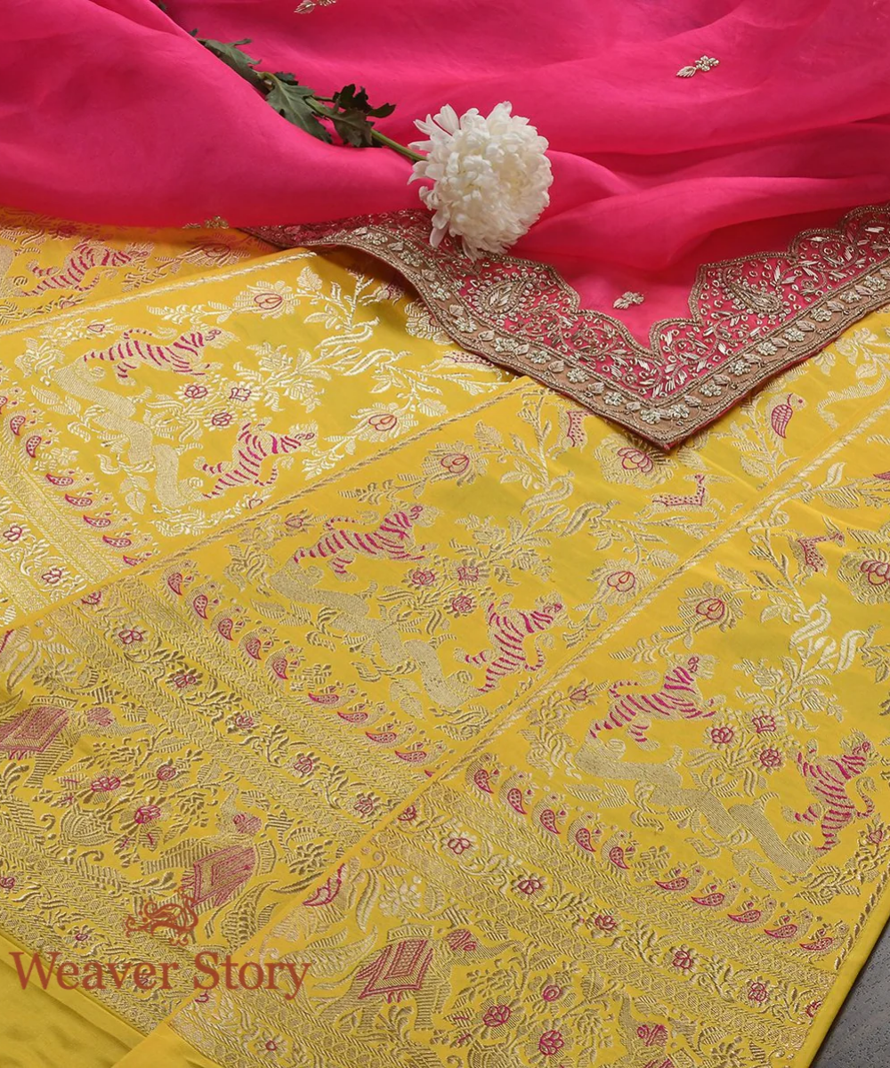 Yellow Handloom Katan Silk Banarasi Shikargah Lehenga