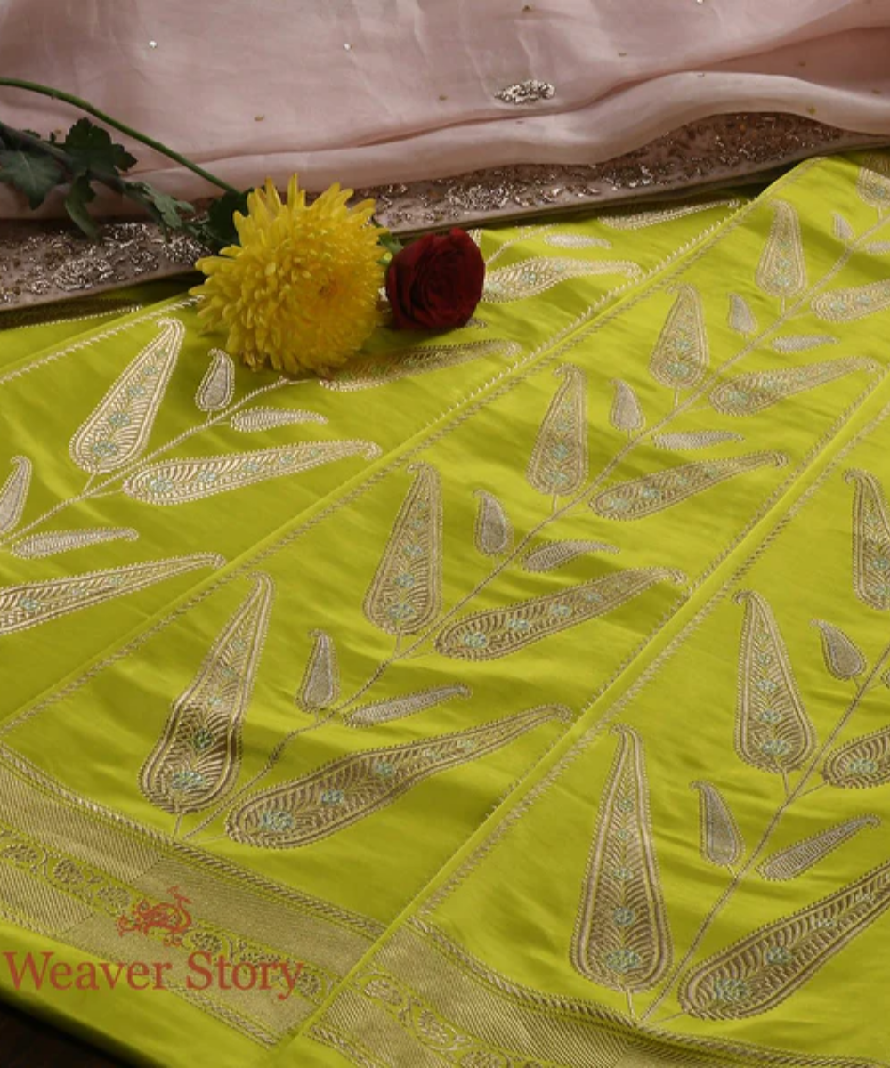 Handloom Lime Green Kadhwa Silk Banarasi Lehenga