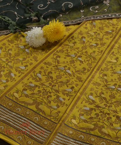 Handloom Yellow Meenakari Silk  Banarasi Lehenga with Parrots