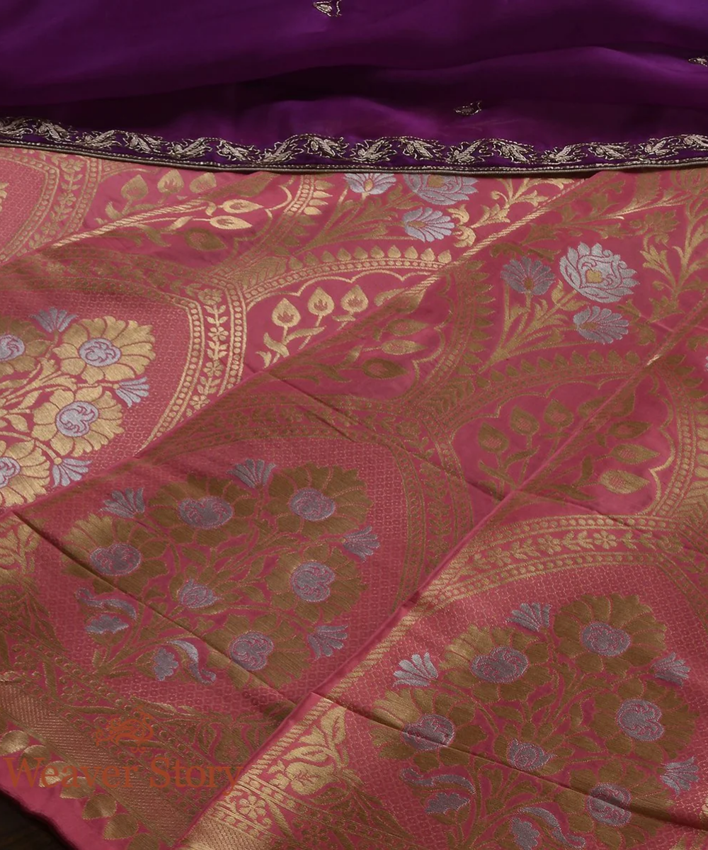 Handloom Rose Pink Cutwork Katan Silk  Banarasi Lehenga