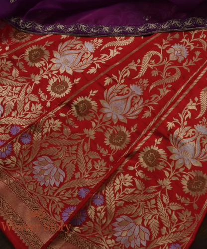 Handloom Red Meenakari Cutwork Silk  Banarasi Lehenga