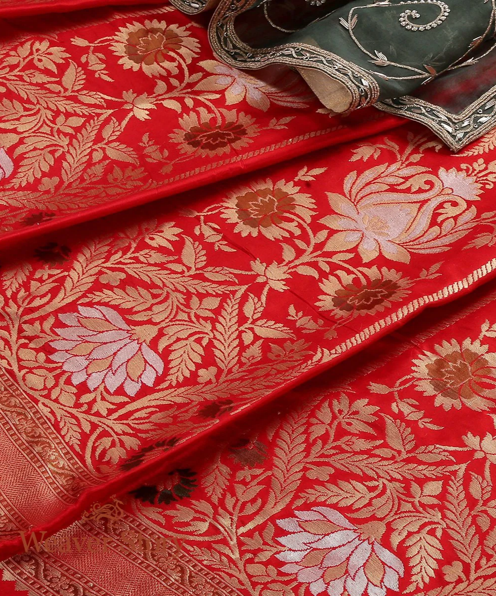 Red Handloom Katan Silk Banarasi Lehenga with Meenakari
