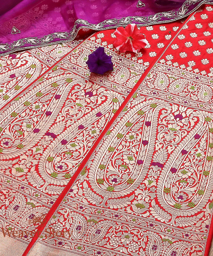 Handloom Red 18 Kali Banarasi Silk Lehenga with Meenakari