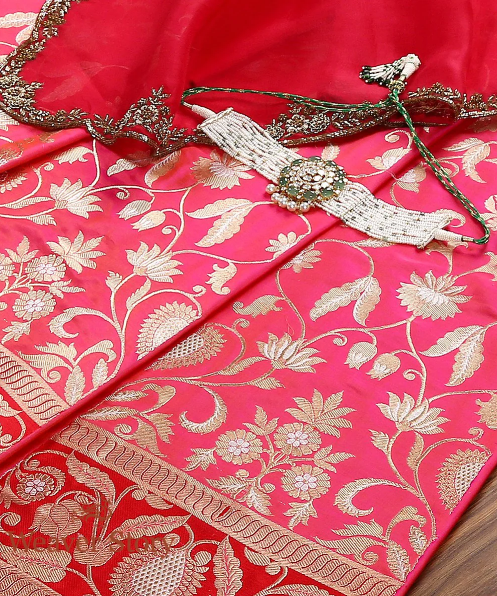 Handloom Pink Dual Tone Kadhwa Banarasi Lehenga with Red Border