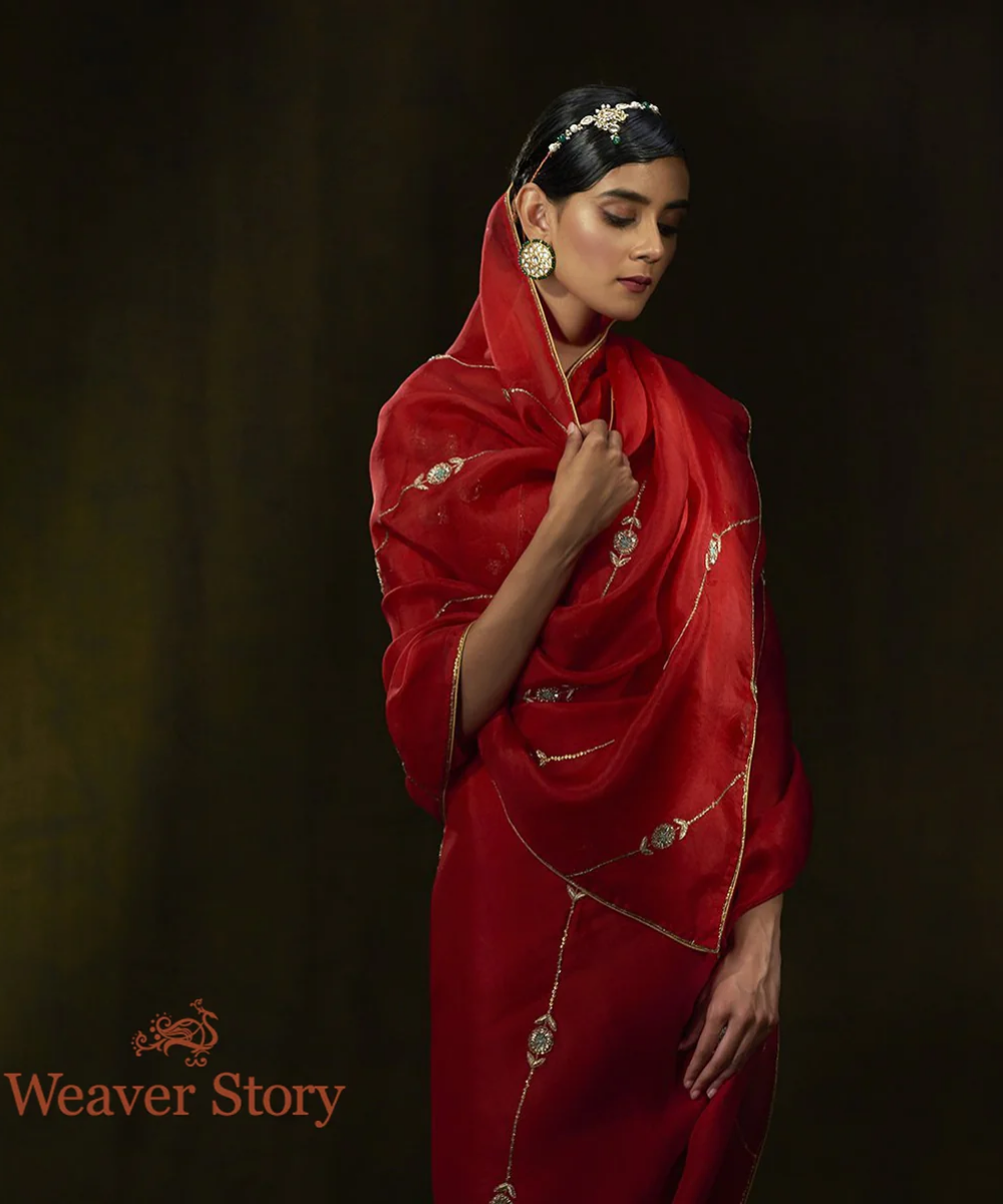 Red Hand Embroidered Organza Saree with Zardozi Bel
