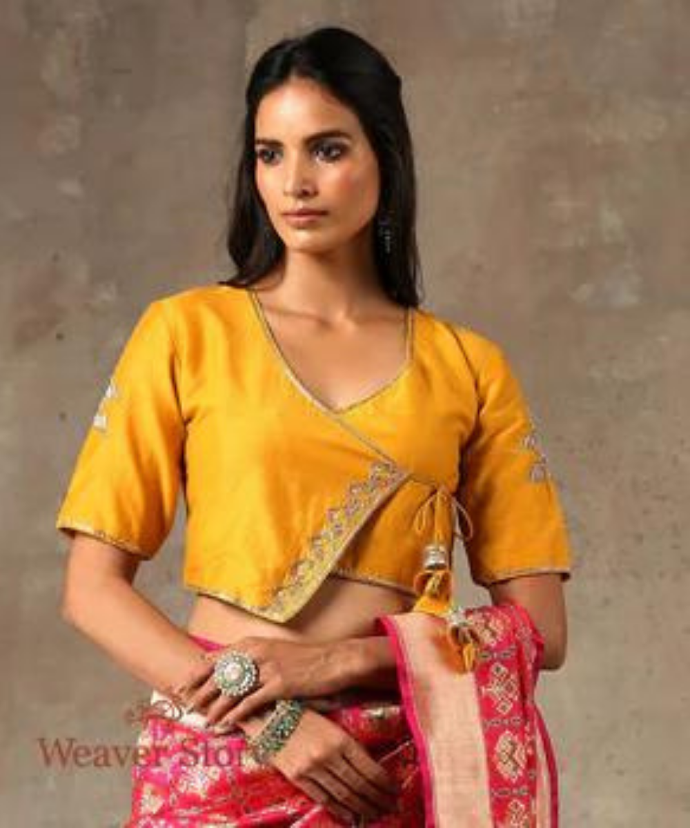 Mustard Angrakha Style Blouse in Munga Silk with Embroidery