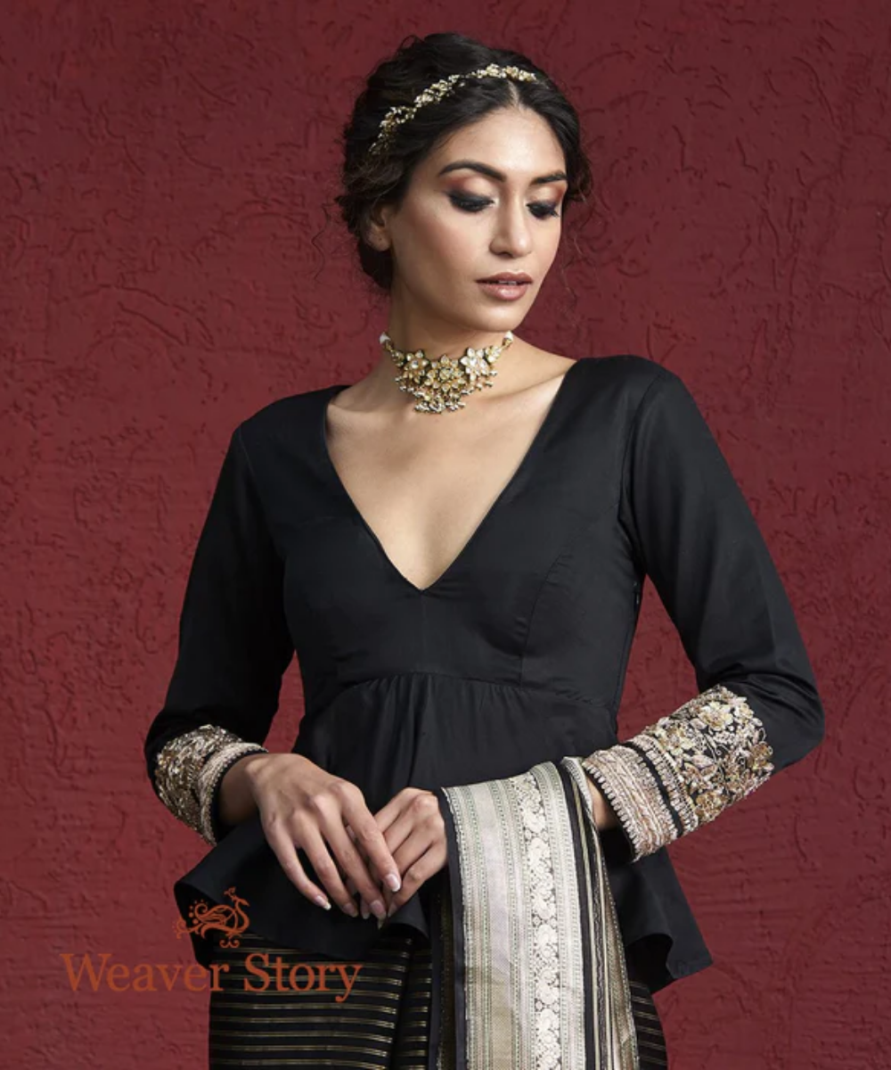 Black Pure Silk Blouse with Zardozi Embroidered Sleeves