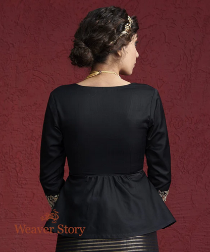 Black Pure Silk Blouse with Zardozi Embroidered Sleeves