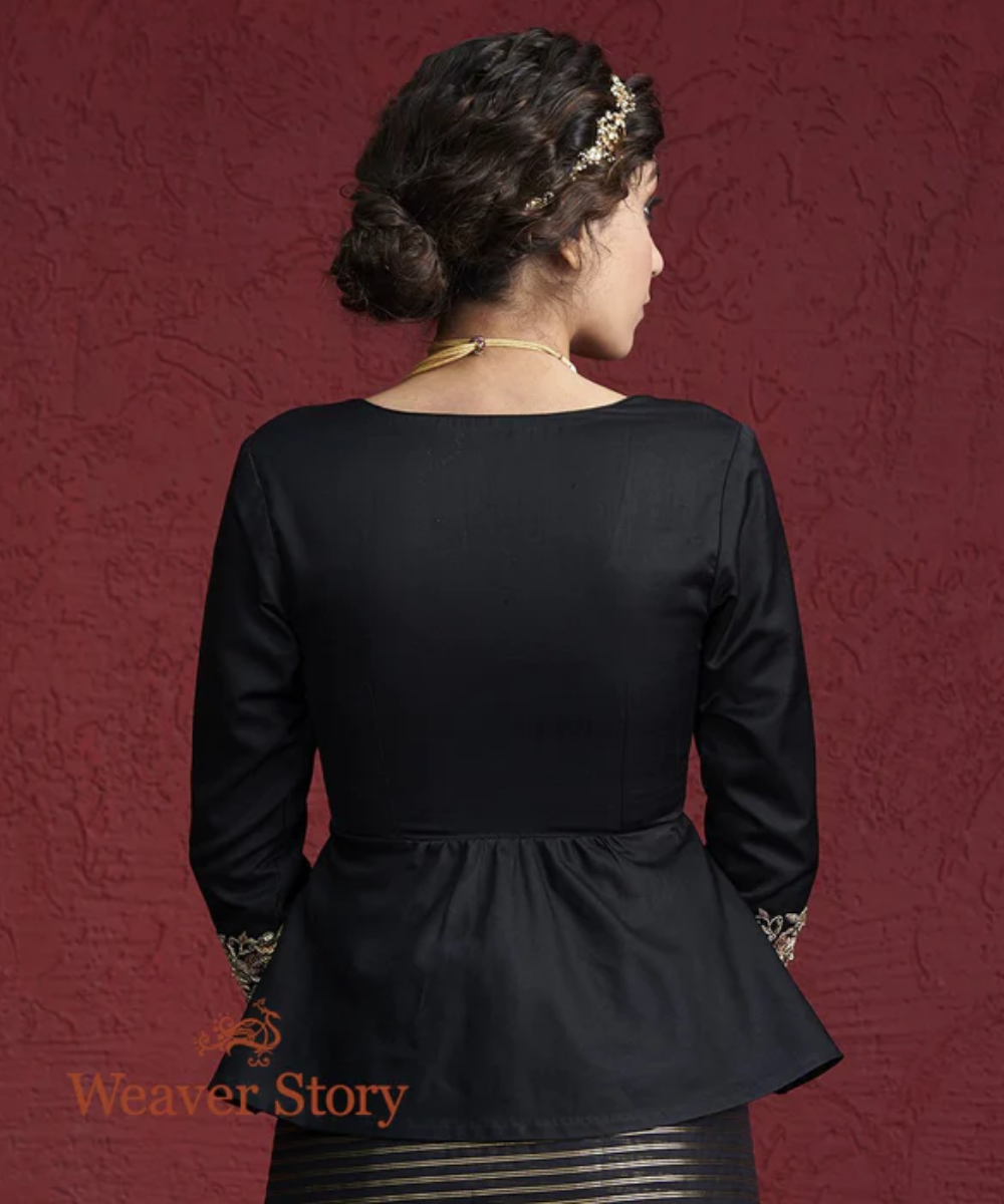 Black Pure Silk Blouse with Zardozi Embroidered Sleeves – WeaverStory
