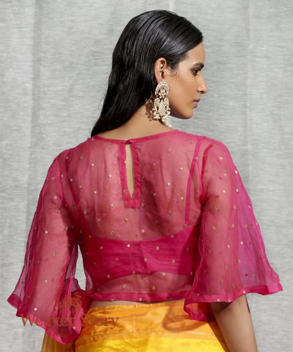 Hot Pink Organza Blouse with Sequins Embroidery and Raw Silk Inner