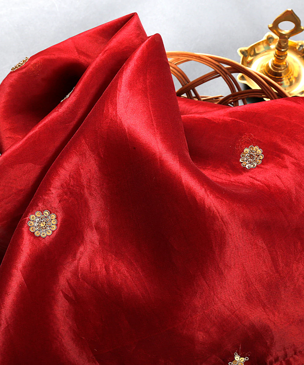 Handwoven organza dupatta in mahroon with zardozi sitara and aari embroidery