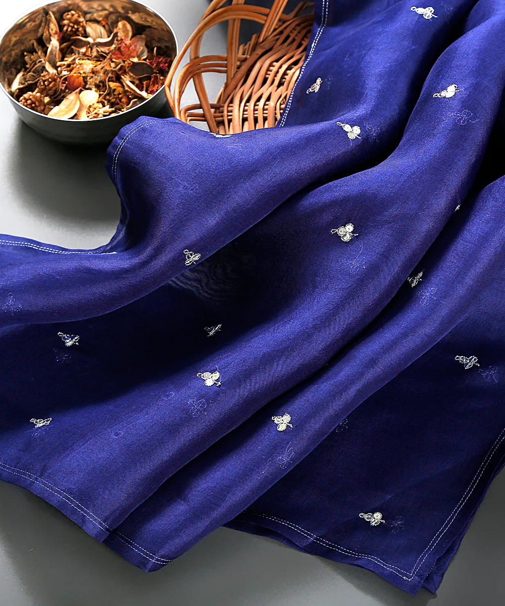 Handwoven organza dupatta in blue with zardozi hand embroidered motifs
