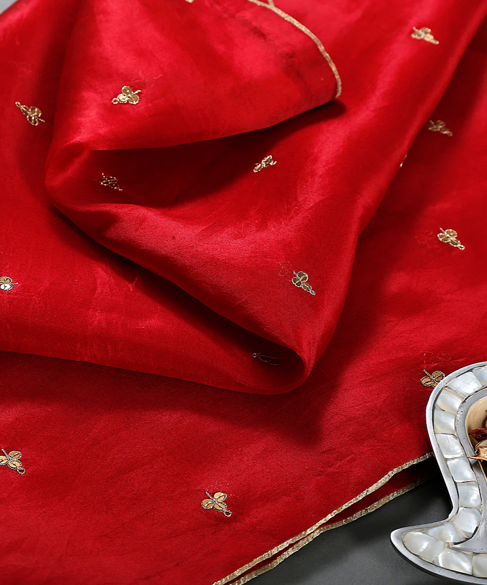 Handwoven organza dupatta in red with zardozi hand embroidered motifs