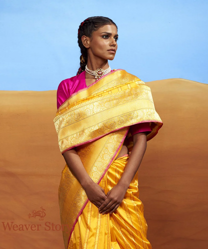 Handloom Yellow Katan Silk Saree with Stripes