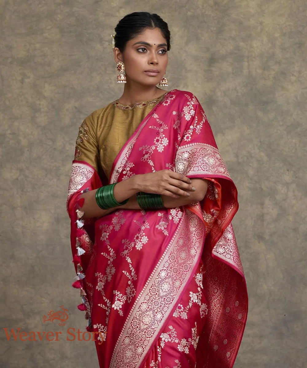 Handwoven Hot Pink Kadhwa Meenakari Jangla Saree