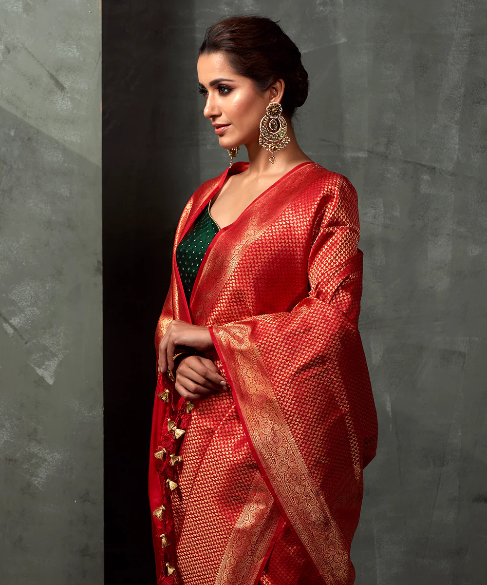 Handwoven Red Katan Silk saree with Small Paisley Motifs Woven in Zari