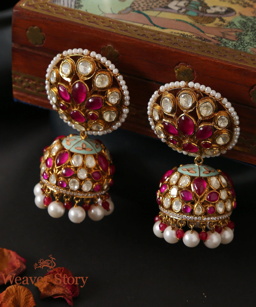 Phoolwa Jhumki with Moissanite Polki Hand Crafted in Pure Silver