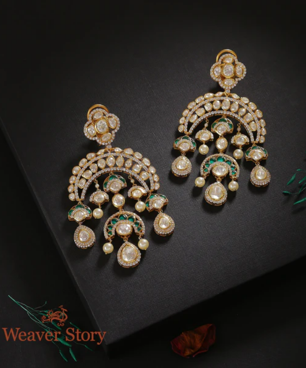 Chanda Earrings with Moissanite Polki Hand Crafted in Pure Silver