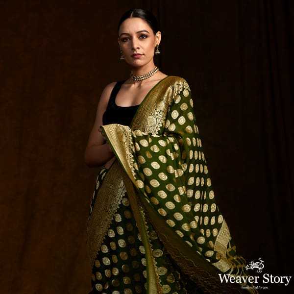 Mehendi_green_banarasi_georgette_saree_with_zari_motifs_WeaverStory_01