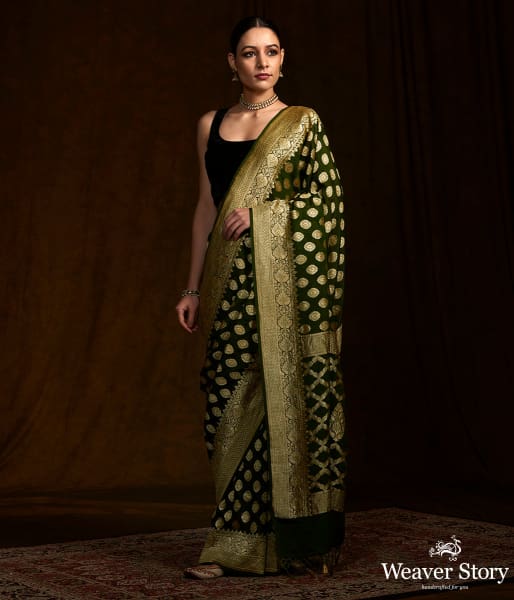 Mehendi_green_banarasi_georgette_saree_with_zari_motifs_WeaverStory_02