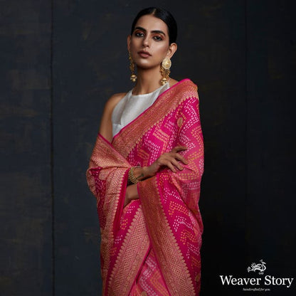 Pink_Bandhej_saree_With_Kadhwa_booti_and_chevron_tie_and_the_WeaverStory_01