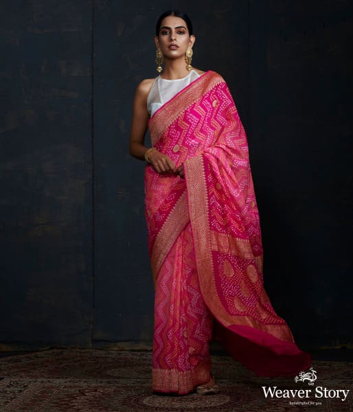 Pink_Bandhej_saree_With_Kadhwa_booti_and_chevron_tie_and_the_WeaverStory_02