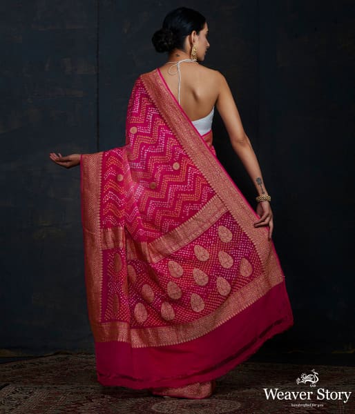 Pink_Bandhej_saree_With_Kadhwa_booti_and_chevron_tie_and_the_WeaverStory_03