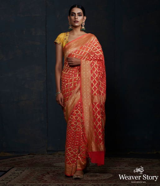 Orange_Banarasi_Bandhej_Saree_with_zari_WeaverStory_02