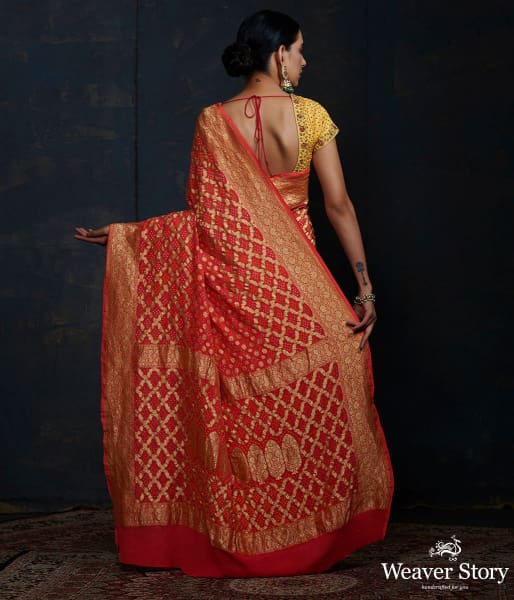 Orange_Banarasi_Bandhej_Saree_with_zari_WeaverStory_03