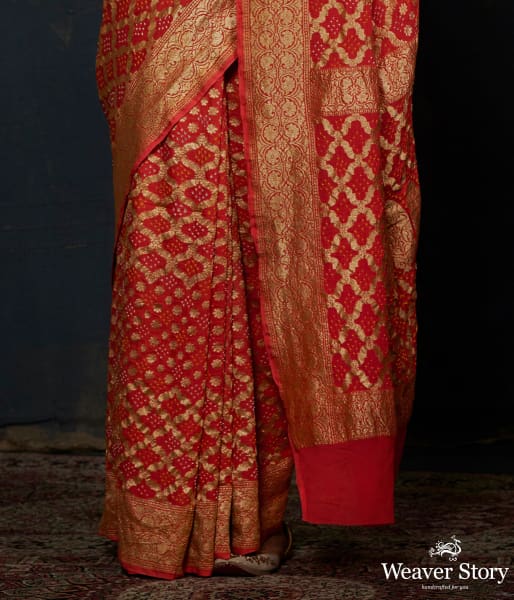 Orange_Banarasi_Bandhej_Saree_with_zari_WeaverStory_04