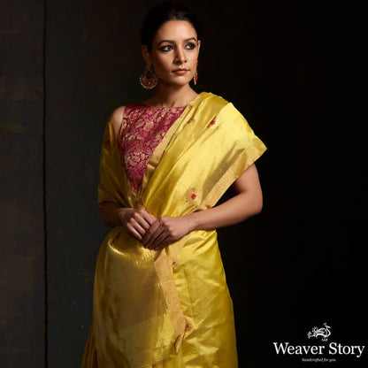 Lime_green_chanderi_silk_saree_with_floral_bootis_in_gold_zari_with_meenakari._WeaverStory_01