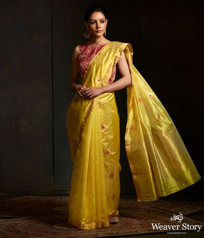 Lime_green_chanderi_silk_saree_with_floral_bootis_in_gold_zari_with_meenakari._WeaverStory_02