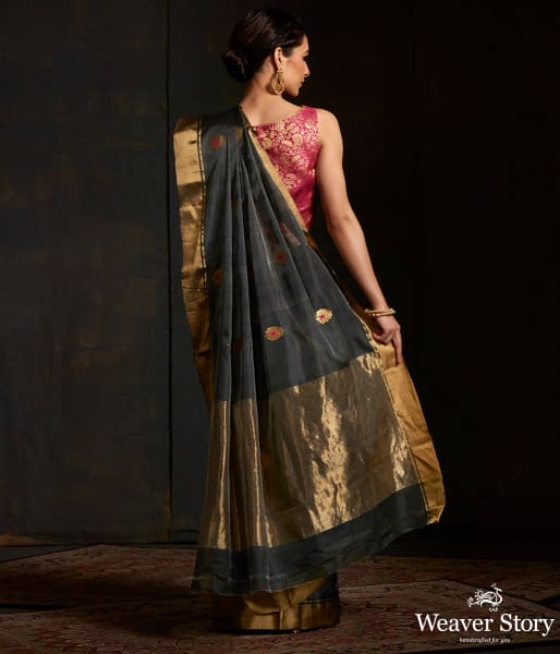 Grey_chanderi_silk_saree_with_floral_bootis_in_gold_zari_with_meenakari_WeaverStory_03