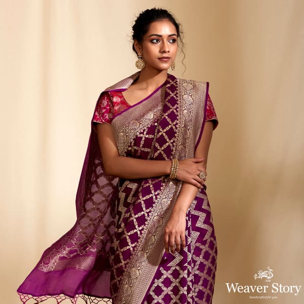 Purple_Banarasi_Georgette_Saree_with_Chevrons_WeaverStory_01