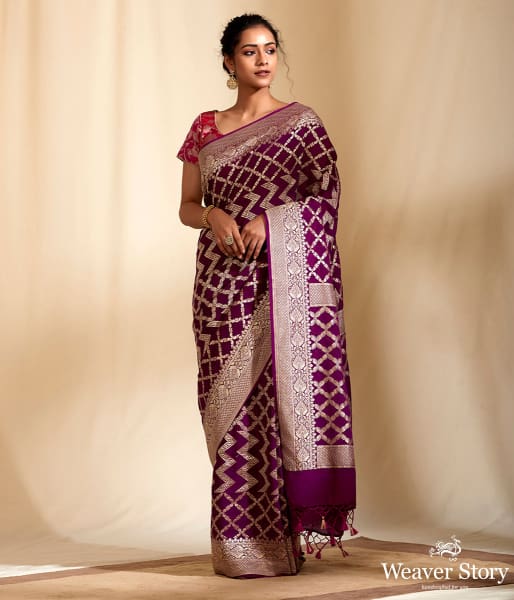 Purple_Banarasi_Georgette_Saree_with_Chevrons_WeaverStory_02