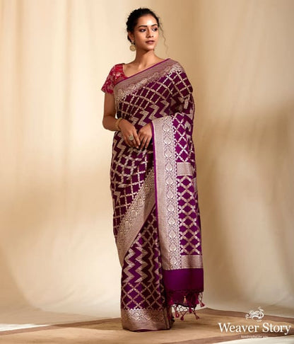 Purple_Banarasi_Georgette_Saree_with_Chevrons_WeaverStory_02