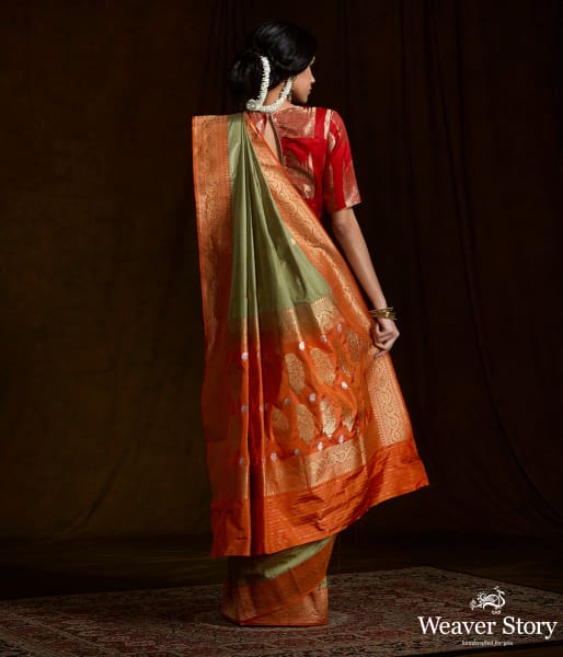 Pista_Green_Kadhiyal_banarasi_Saree_with_Orange_kadhwa_Border_WeaverStory_03