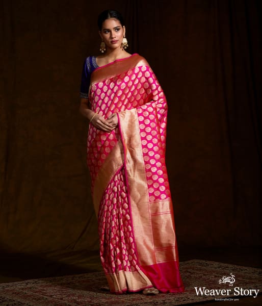 Handwoven_pink_katan_silk_saree_with_floral_motifs_and_zari_border_WeaverStory_02