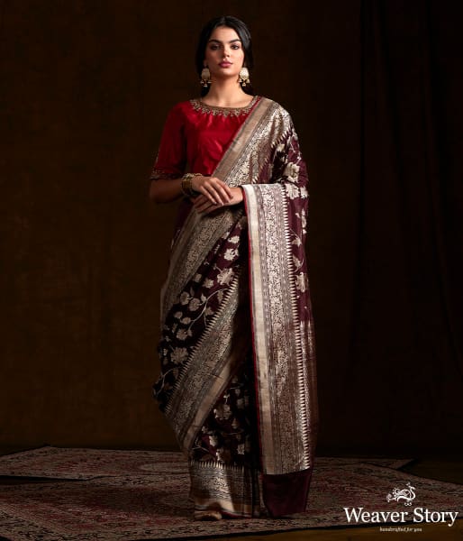 Wine_Handwoven_Banarasi_Jangla_with_Red_Selvedge_WeaverStory_02